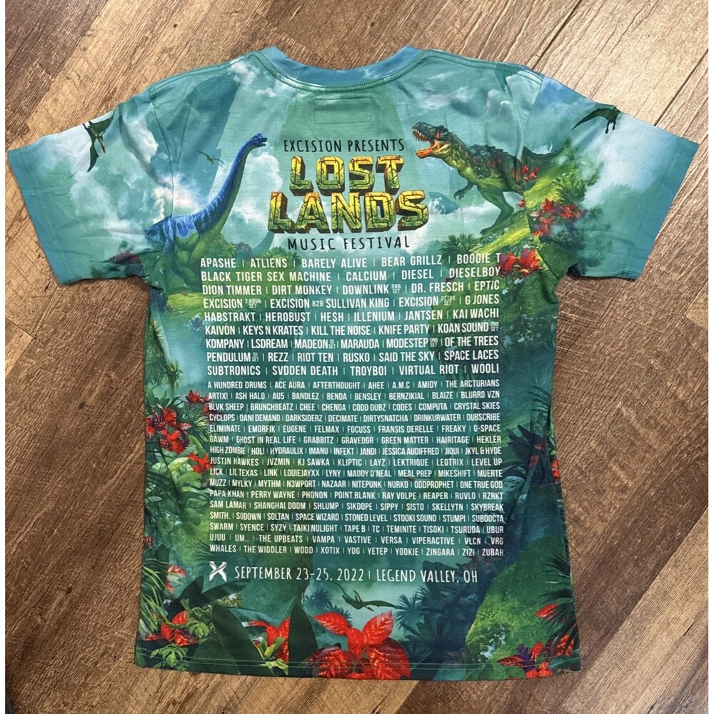 Excision LOST LANDS Music Festival T-Shirt (2022) MEDIUM Dinosaur Allover AOP - Picture 4 of 6